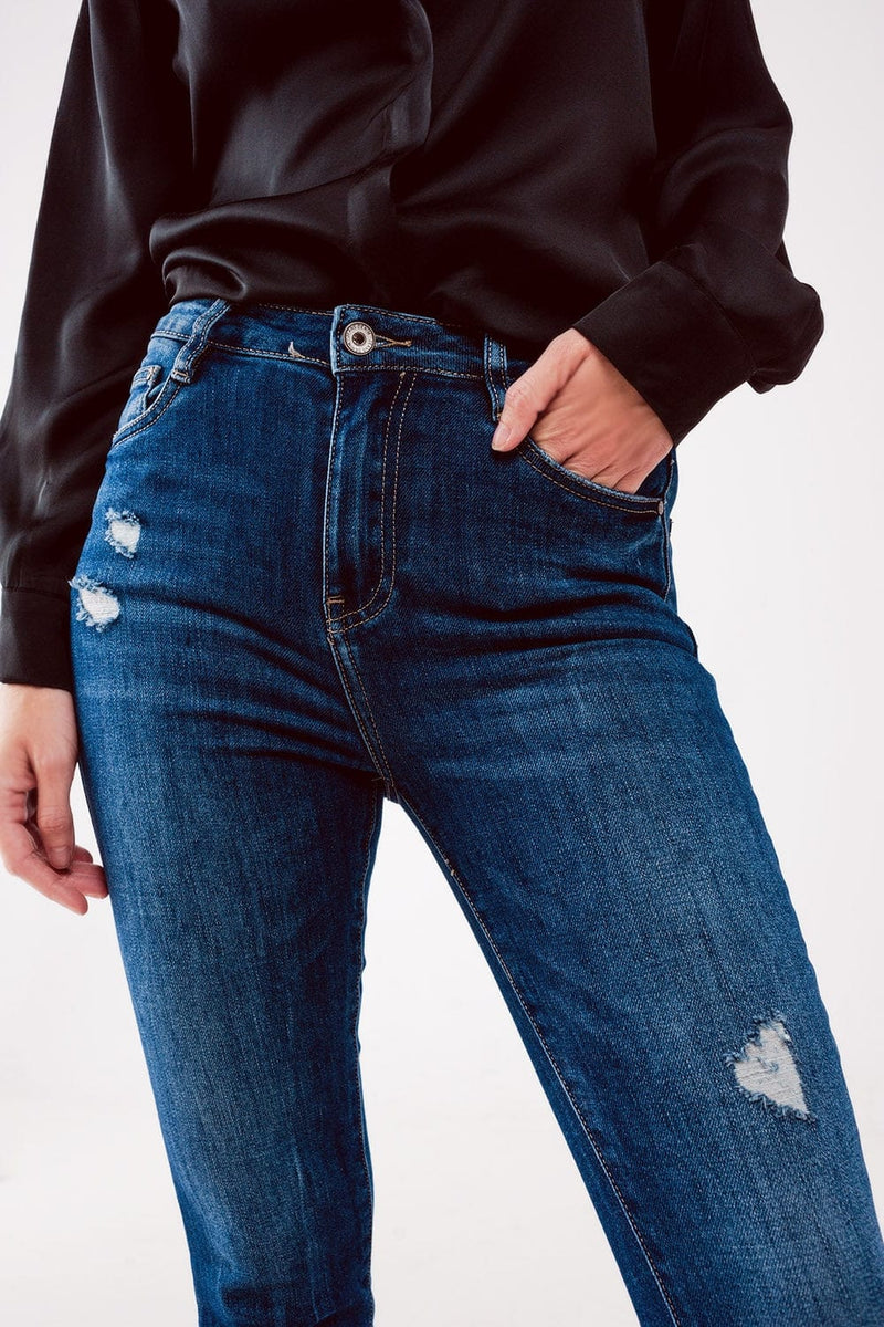 Q2 Women's Jean High Waist Ripped Skinny Jeans in Midwash Blue