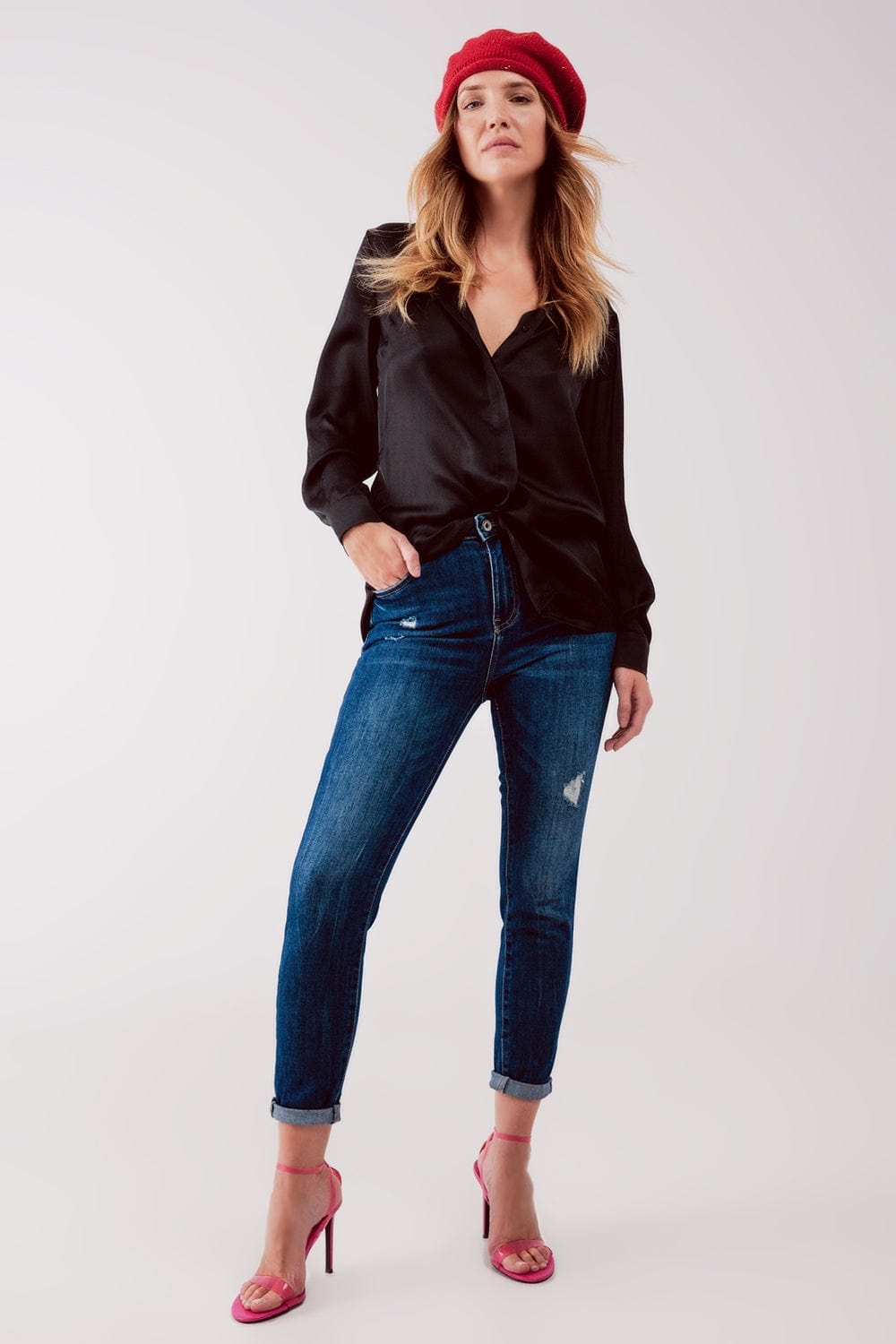 Q2 Women's Jean High Waist Ripped Skinny Jeans in Midwash Blue