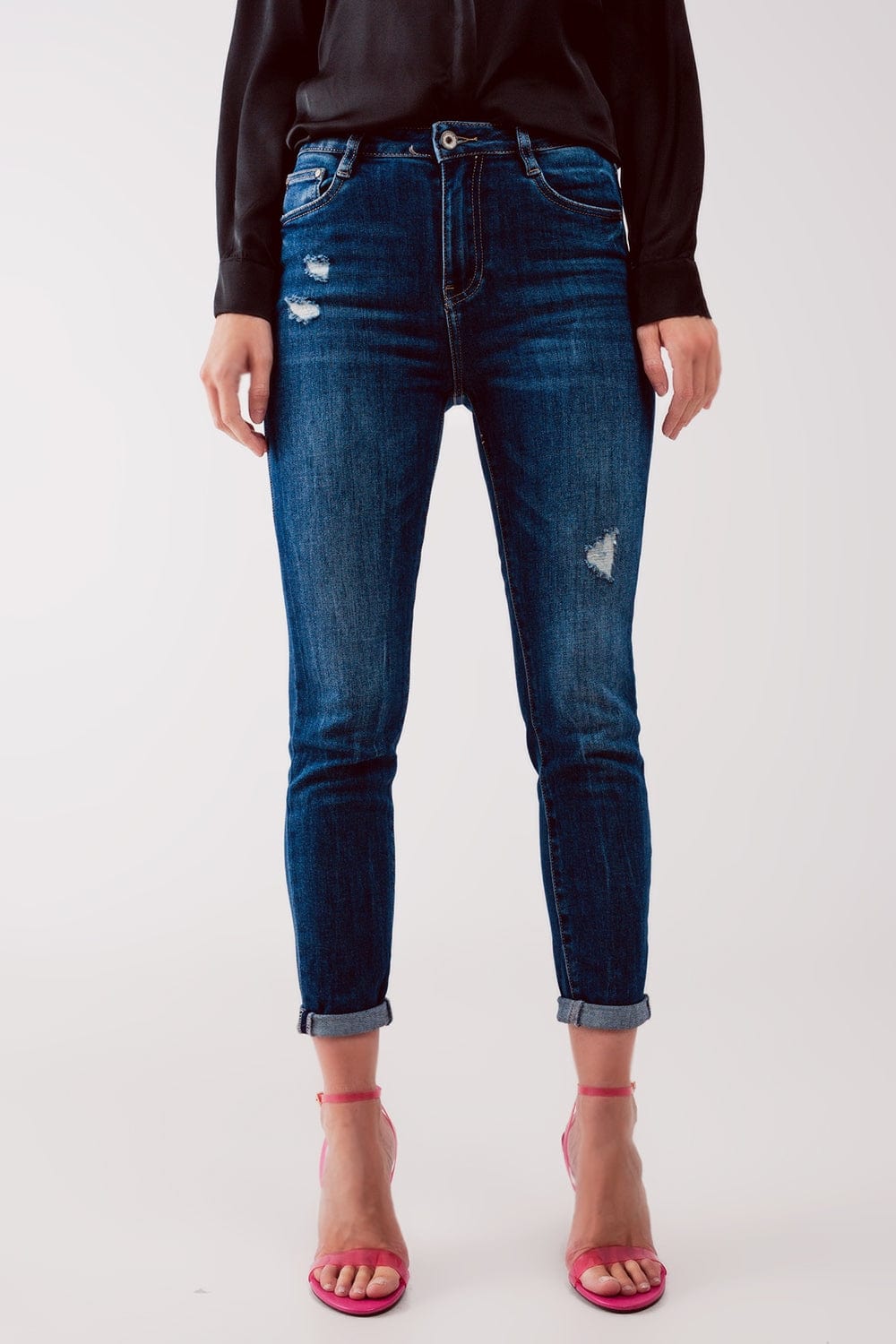 Q2 Women's Jean High Waist Ripped Skinny Jeans in Midwash Blue