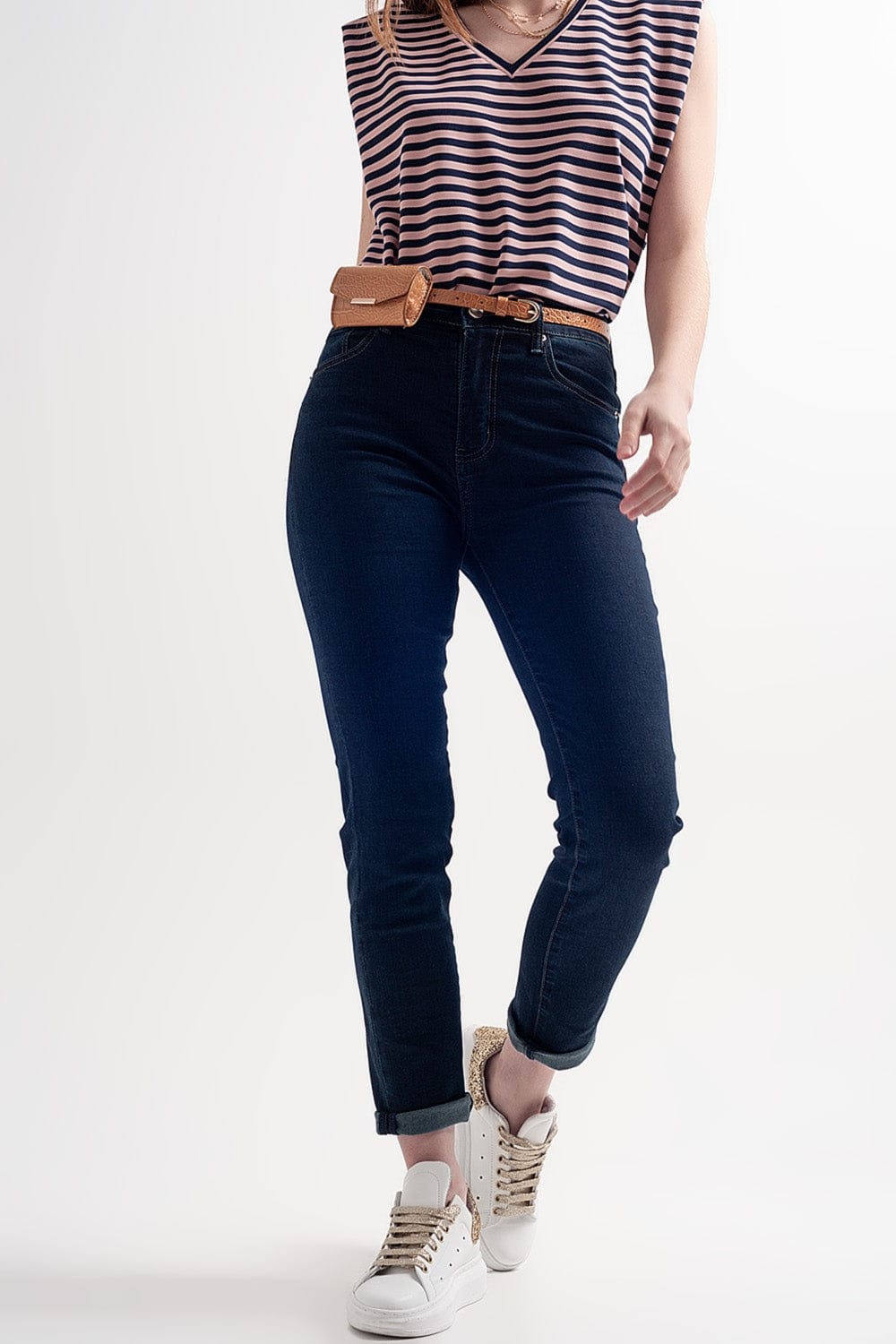 Q2 Women's Jean High Waist Skinny Jeans in Dark Blue