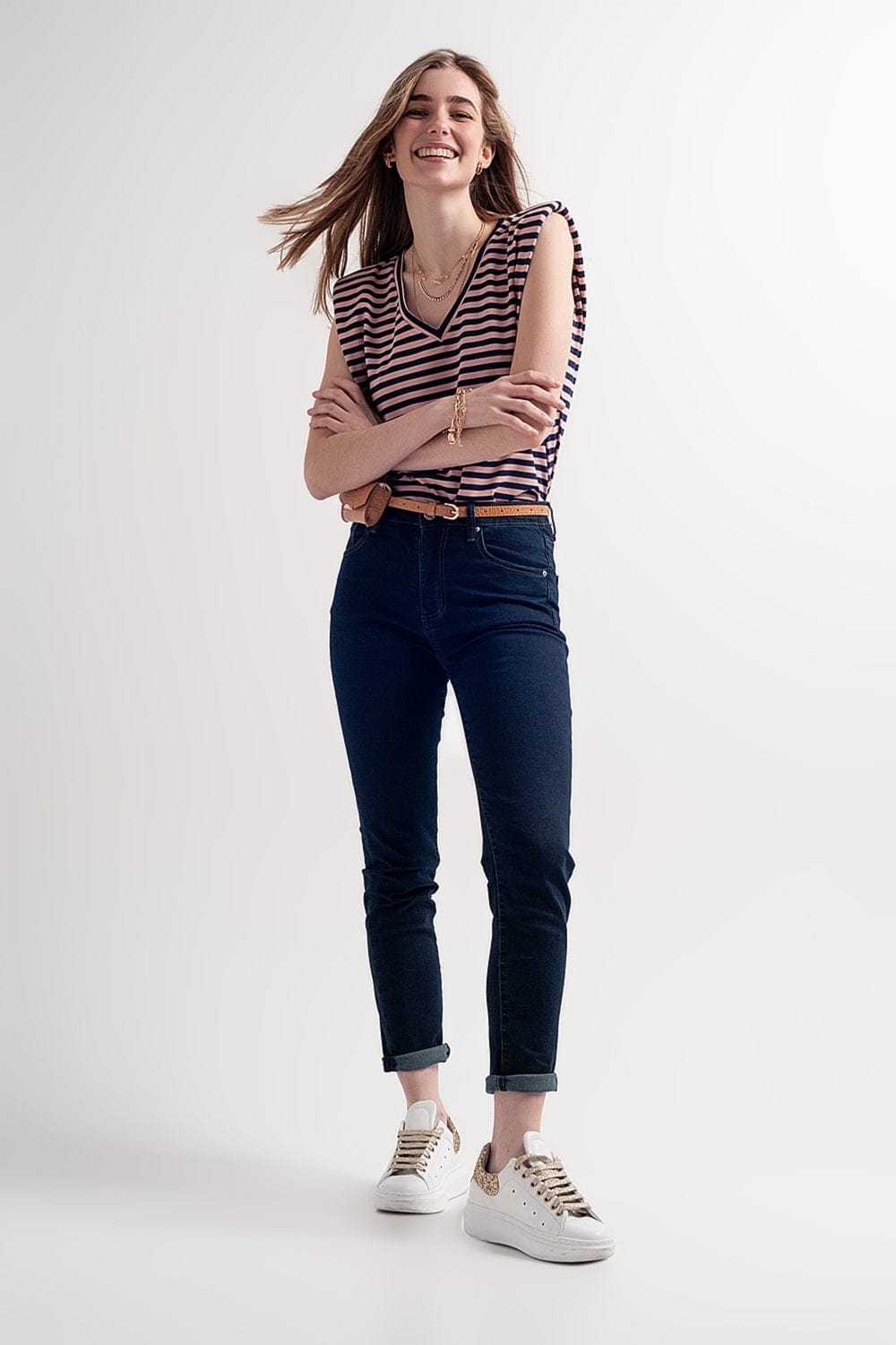 Q2 Women's Jean High Waist Skinny Jeans in Dark Blue