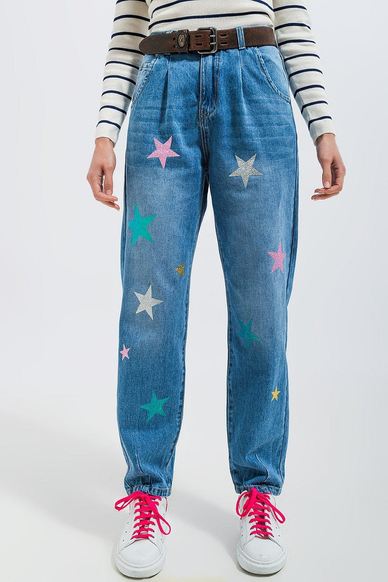 Q2 Women's Jean High Waist Slouch Jean with Pleat Front with Star