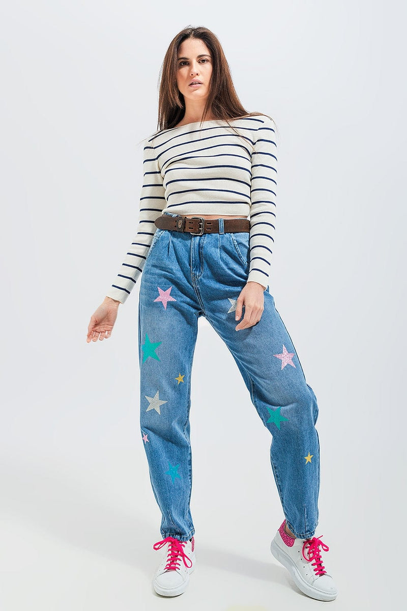 Q2 Women's Jean High Waist Slouch Jean with Pleat Front with Star