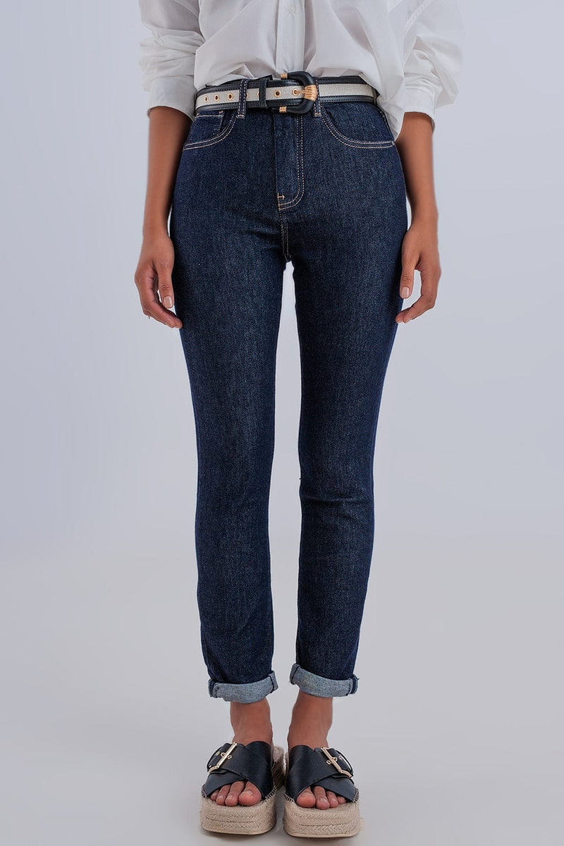 Q2 Women's Jean High Waisted Basic Jean In Dark Blue