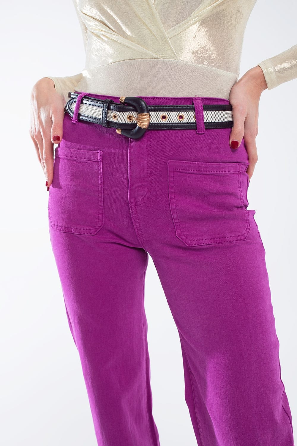 Q2 Women's Jean High Waisted Front Pockets Flare Jeans In Magenta
