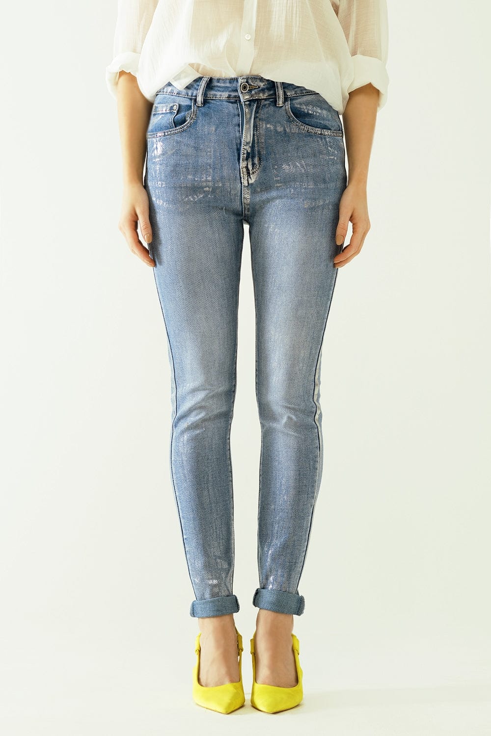 Q2 Women's Jean High-Waisted Jeans With Five Pockets With Silver Powder-Coated Effect