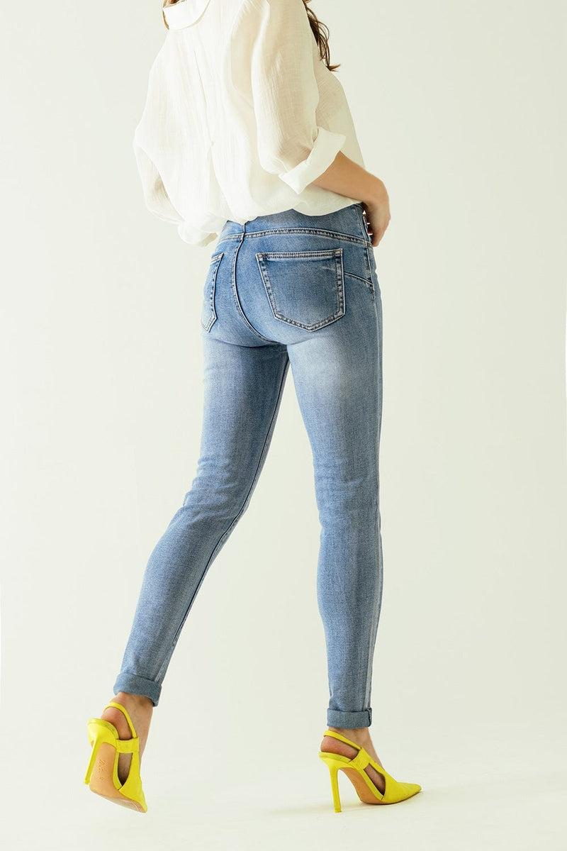 Q2 Women's Jean High-Waisted Jeans With Five Pockets With Silver Powder-Coated Effect
