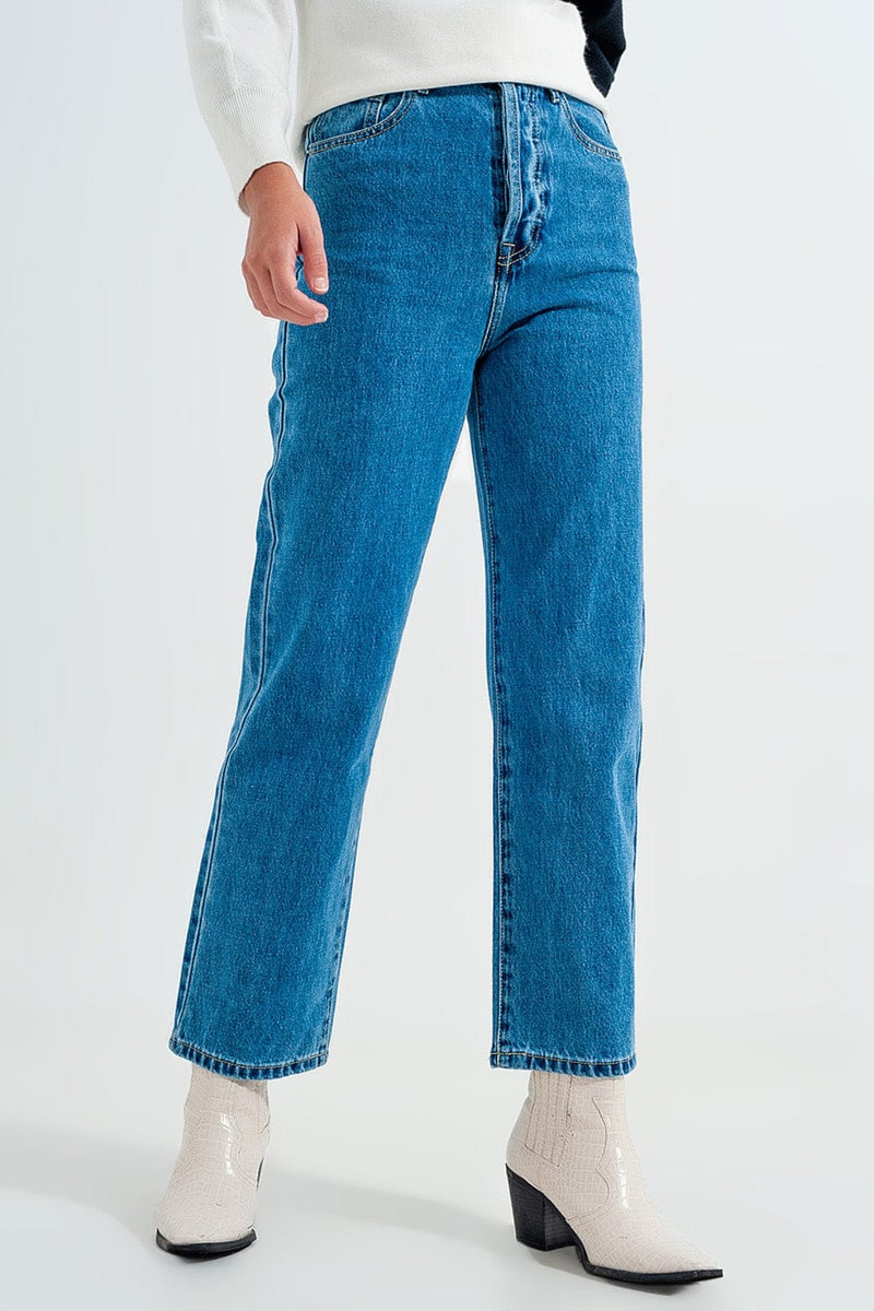 Q2 Women's Jean High Waisted Mom Jeans in Vintage Blue