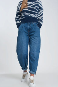 Q2 Women's Jean High Waisted Mom Jeans with Two Ruffles in the Waistline in Dark Wash Blue