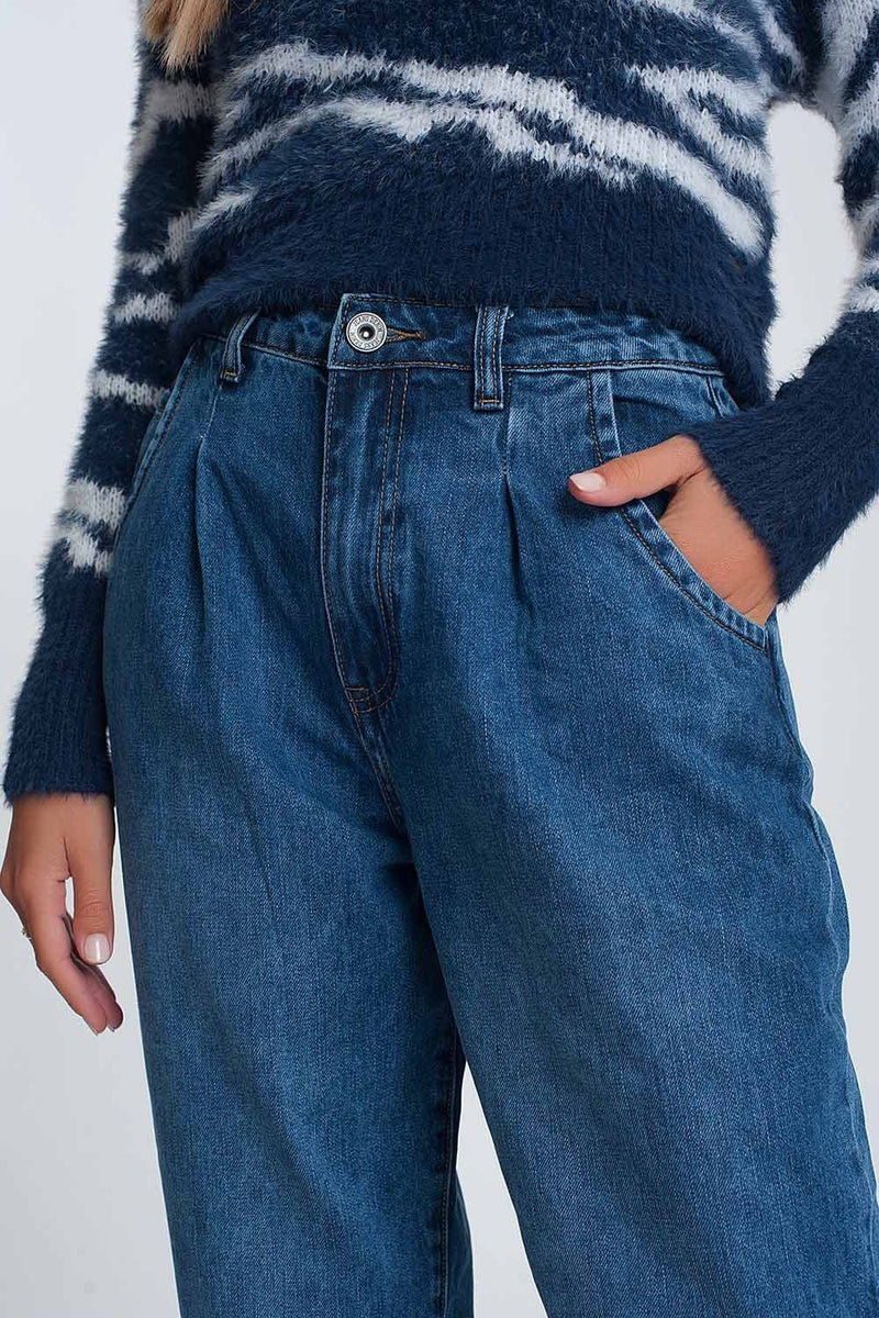 Q2 Women's Jean High Waisted Mom Jeans with Two Ruffles in the Waistline in Dark Wash Blue