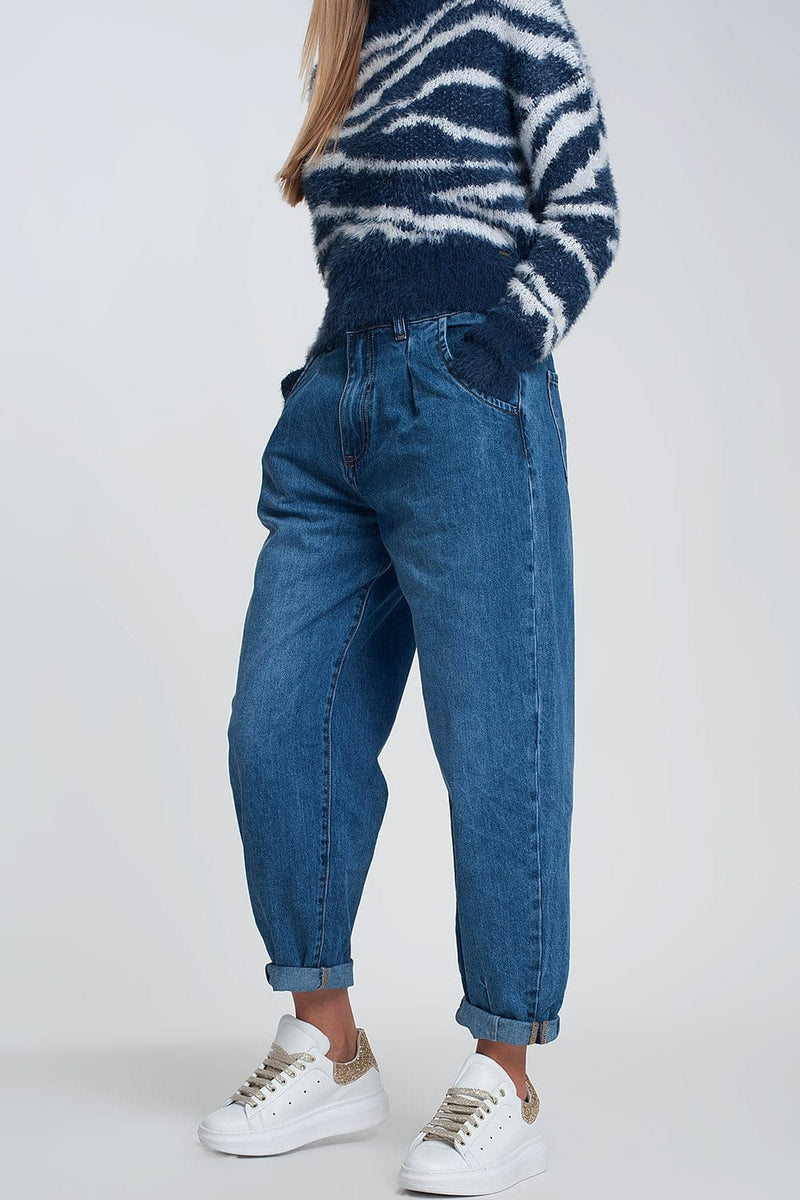 Q2 Women's Jean High Waisted Mom Jeans with Two Ruffles in the Waistline in Dark Wash Blue