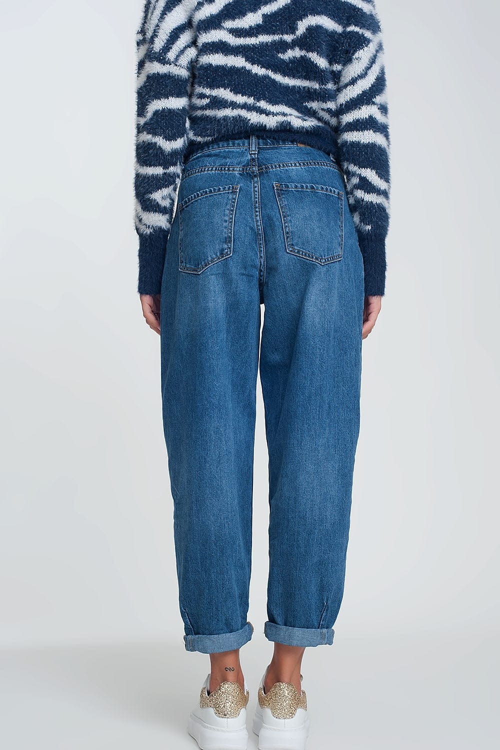 Q2 Women's Jean High Waisted Mom Jeans with Two Ruffles in the Waistline in Dark Wash Blue