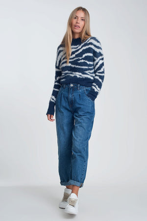 Q2 Women's Jean High Waisted Mom Jeans with Two Ruffles in the Waistline in Dark Wash Blue