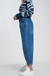Q2 Women's Jean High Waisted Mom Jeans with Two Ruffles in the Waistline in Dark Wash Blue