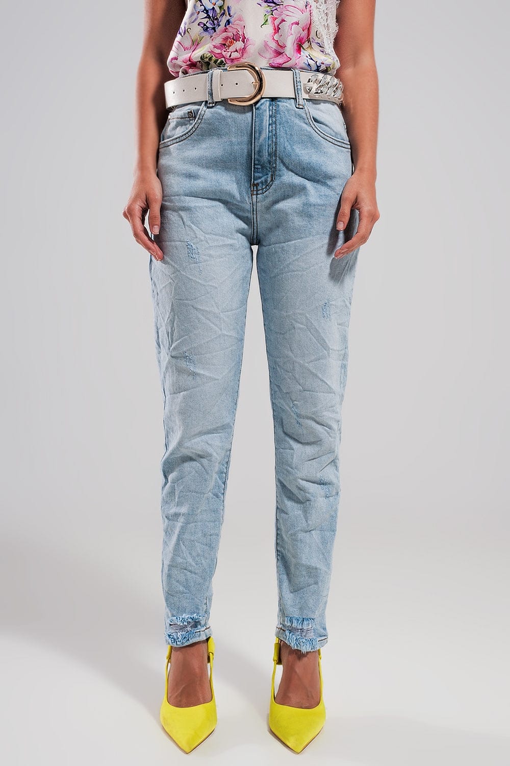 Q2 Women's Jean High Waisted Ripped Jeans in Light Blue