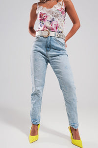 Q2 Women's Jean High Waisted Ripped Jeans in Light Blue