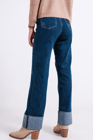 Q2 Women's Jean High Waisted Straight Jean with Roll Hem in Blue