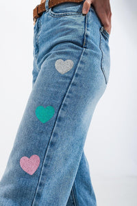 Q2 Women's Jean High Waisted Straight Leg Jean with Heart Print in Mid
