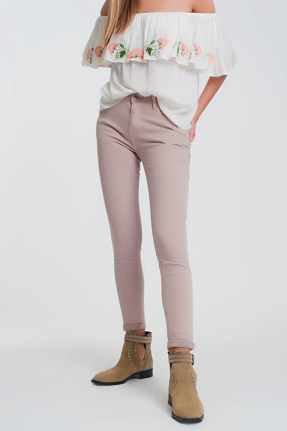 Q2 Women's Jean High Waisted Super Skinny Pants in Pink