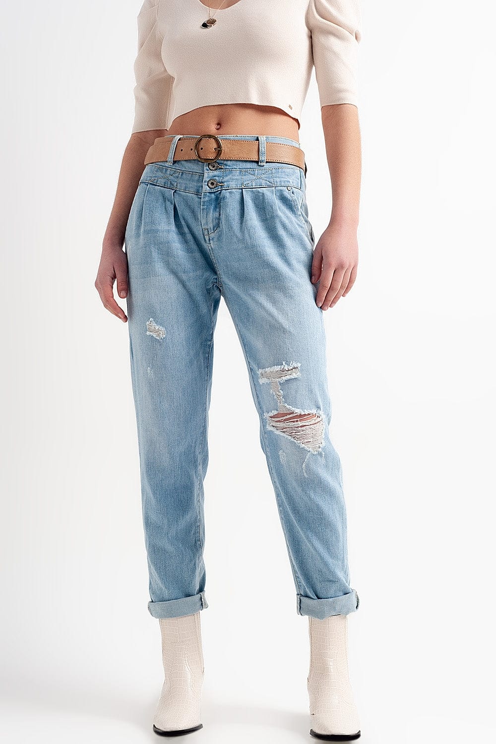 Q2 Women's Jean Jean with Double Waistband in Blue with Rips