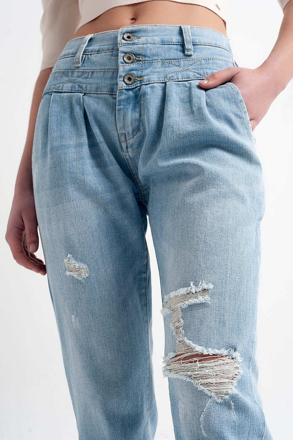 Q2 Women's Jean Jean with Double Waistband in Blue with Rips