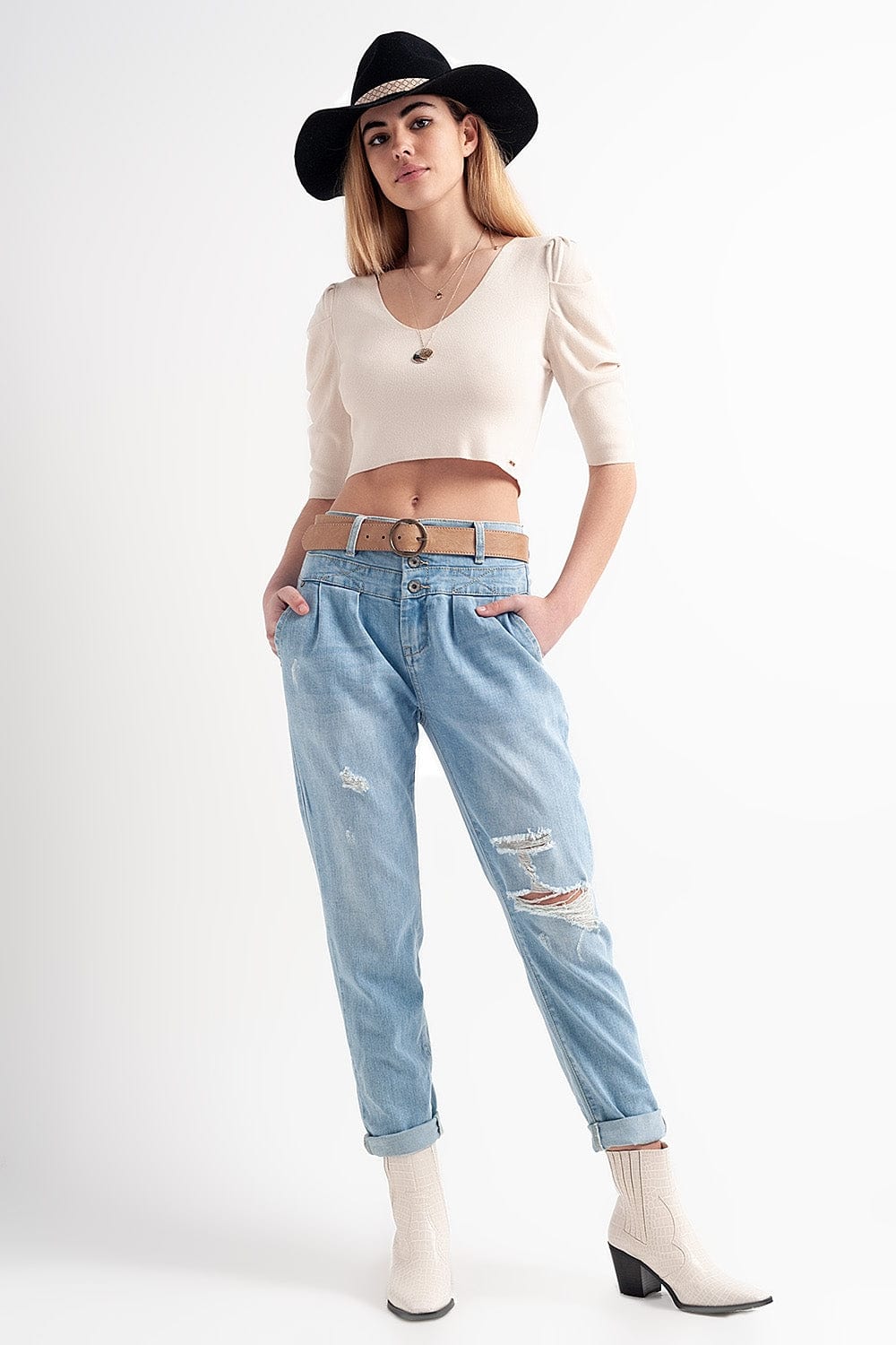 Q2 Women's Jean Jean with Double Waistband in Blue with Rips