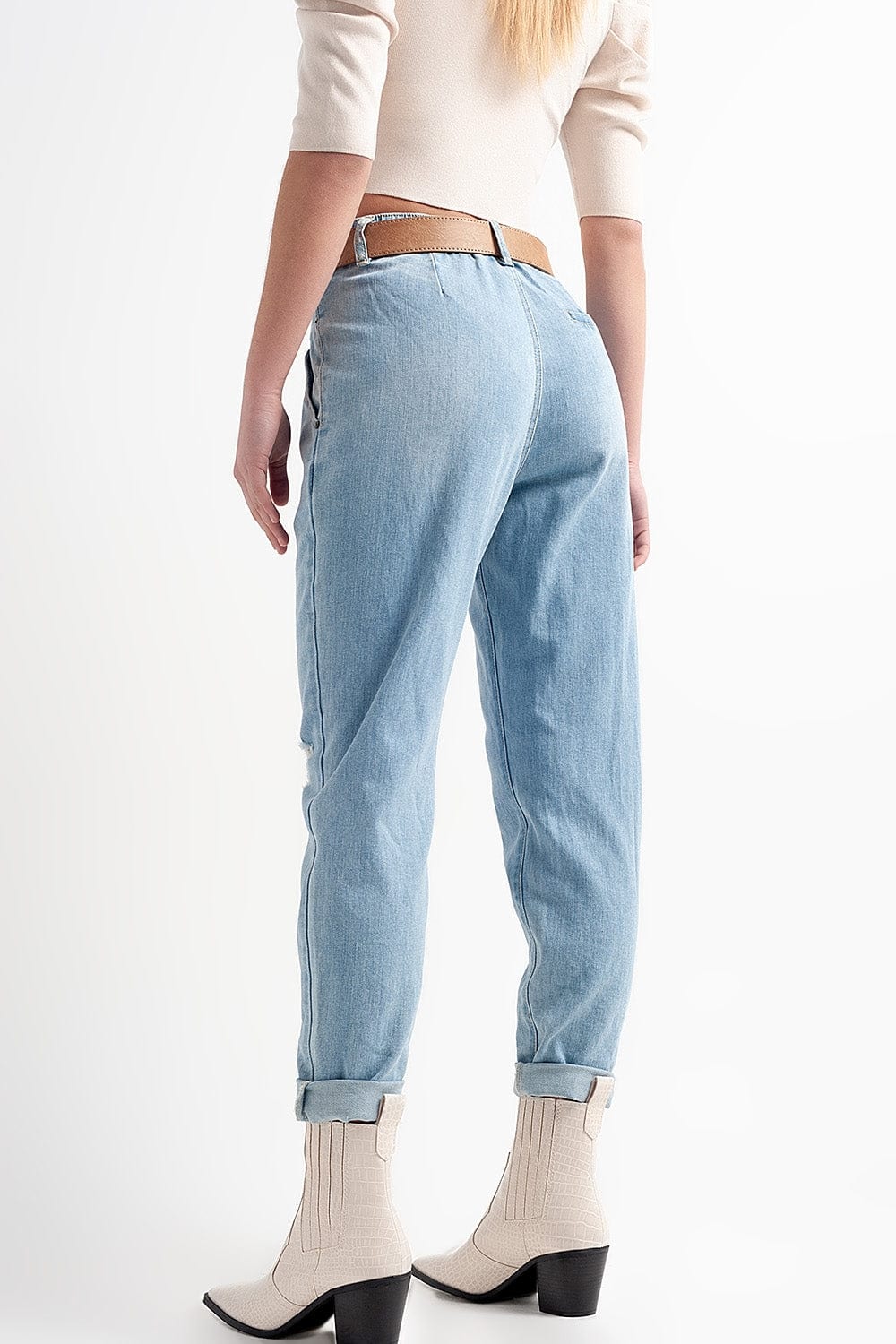 Q2 Women's Jean Jean with Double Waistband in Blue with Rips