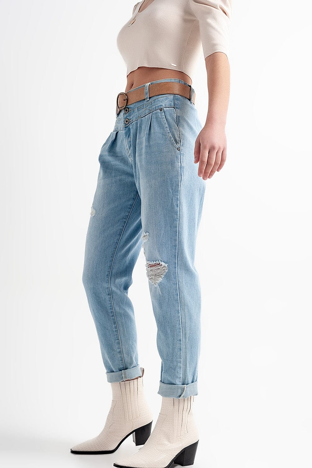 Q2 Women's Jean Jean with Double Waistband in Blue with Rips
