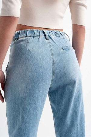 Q2 Women's Jean Jean with Double Waistband in Blue with Rips