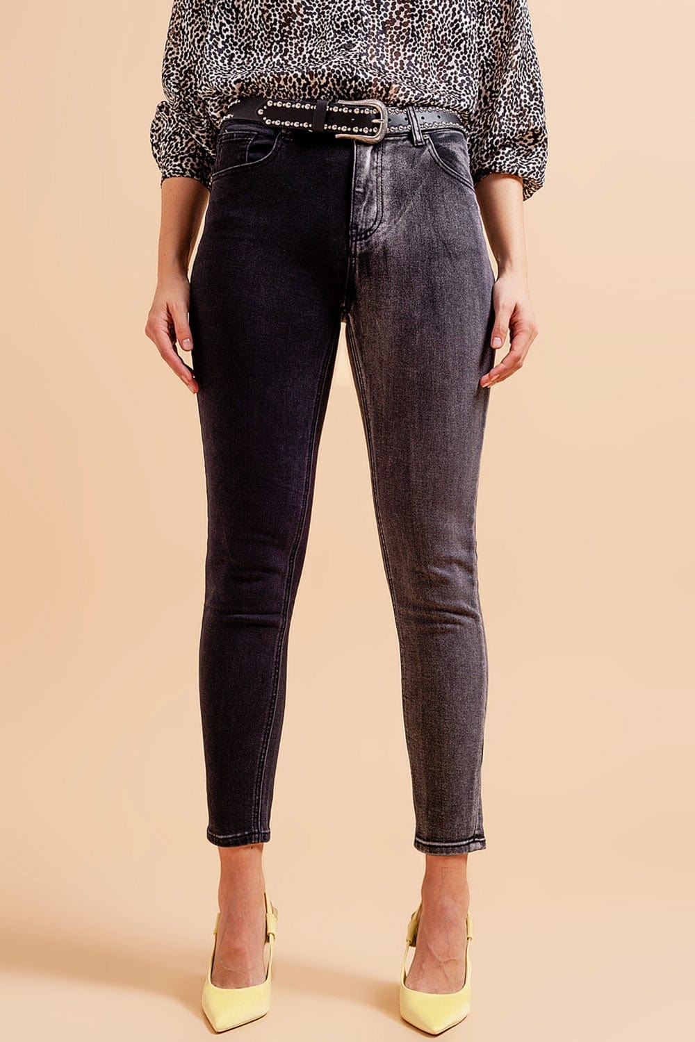 Q2 Women's Jean Jeans in Color Block Grey and Black