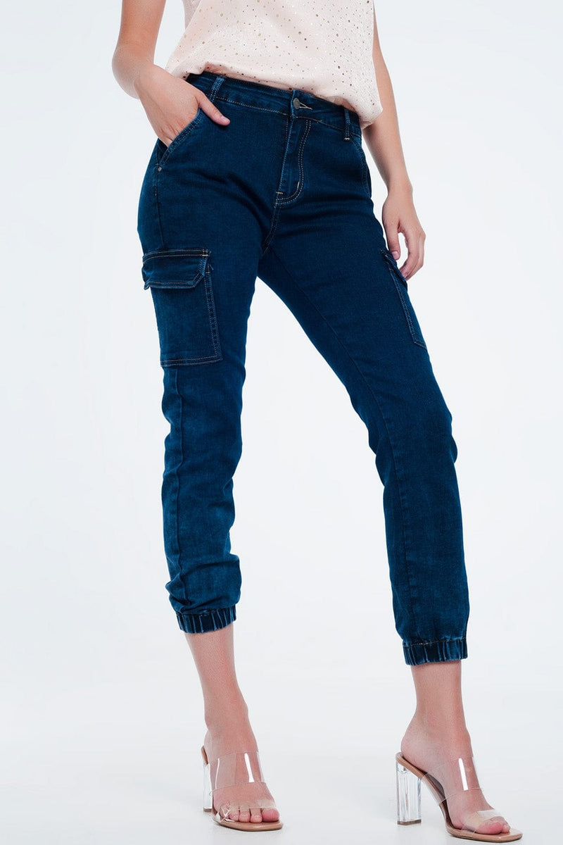 Q2 Women's Jean Jeans in navy with cargo pockets