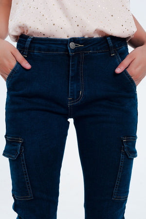 Q2 Women's Jean Jeans in navy with cargo pockets