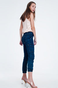 Q2 Women's Jean Jeans in navy with cargo pockets