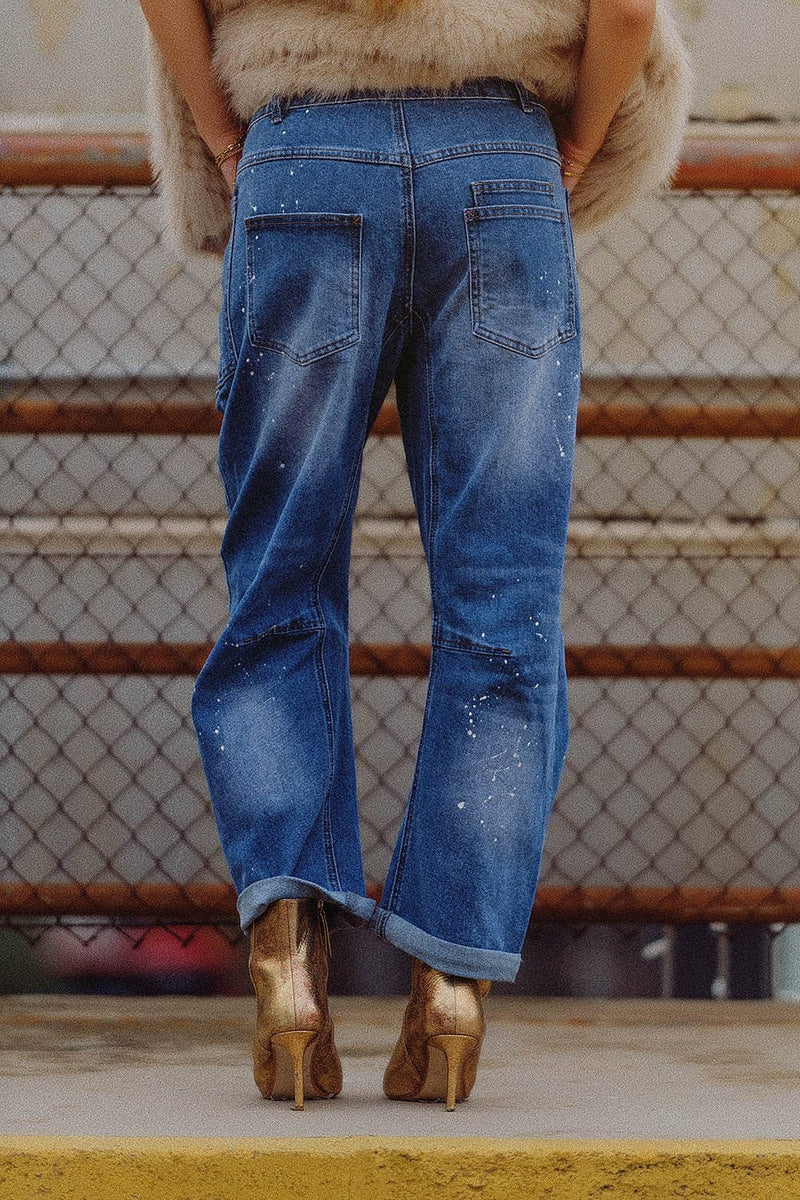 Q2 Women's Jean Jeans With Balloon Legs And Paint Stains