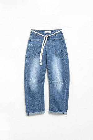 Q2 Women's Jean Jeans With Balloon Legs And Paint Stains