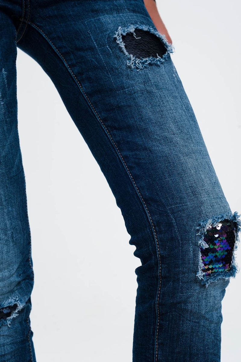 Q2 Women's Jean Jeans with Sequins and Rips