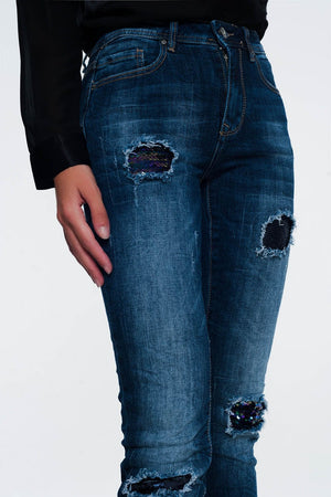 Q2 Women's Jean Jeans with Sequins and Rips