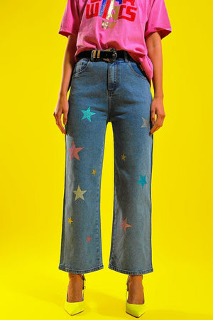 Q2 Women's Jean Jeans with Star Print in Dark Wash