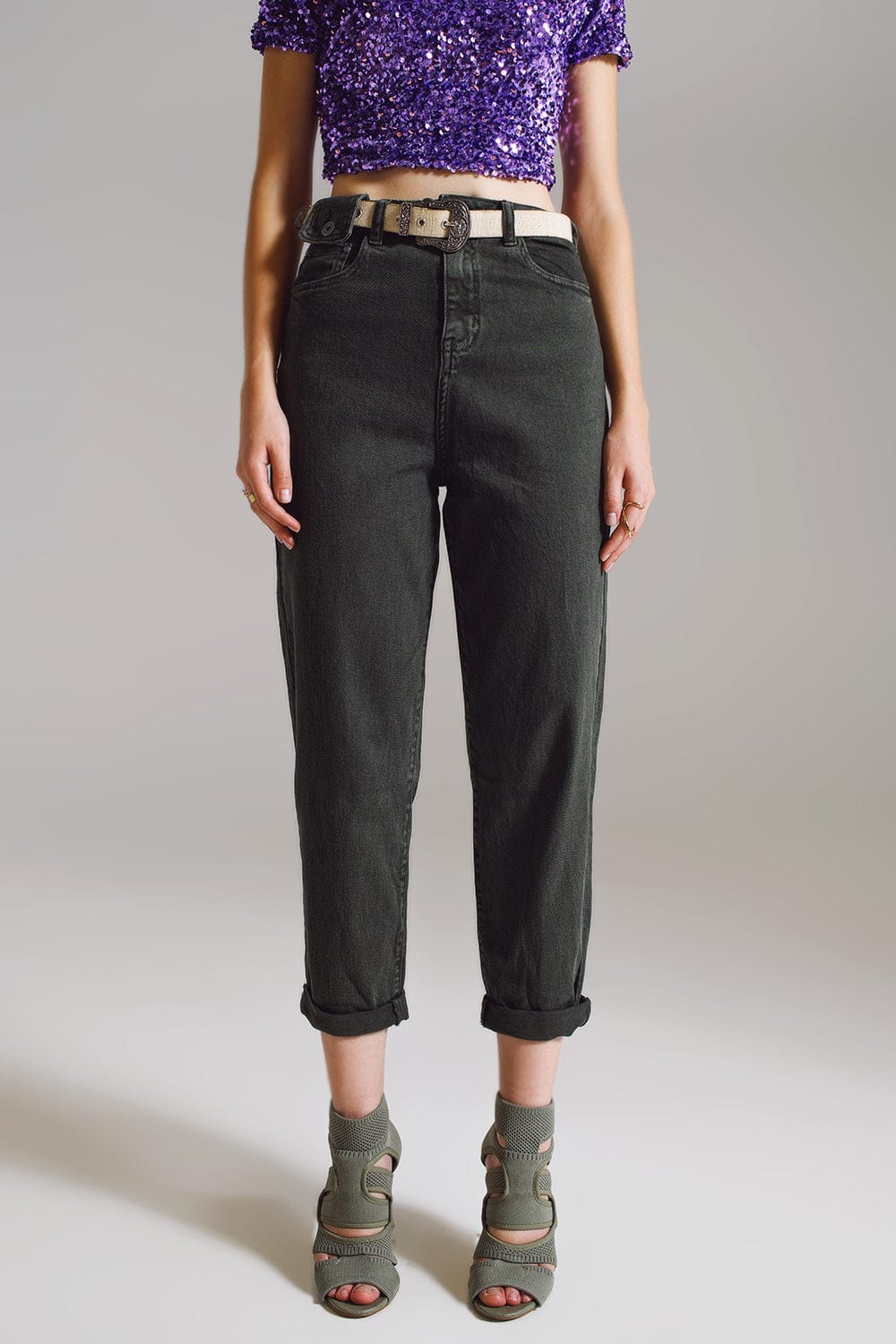 Q2 Women's Jean Khaki Green Relaxed Pants With Pocket Detail At The Waist