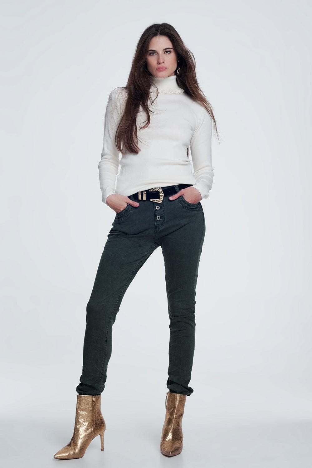 Q2 Women's Jean Khaki Jeans with Button Closure