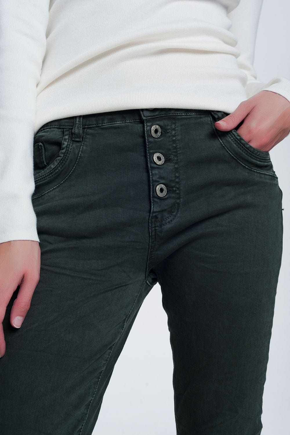 Q2 Women's Jean Khaki Jeans with Button Closure