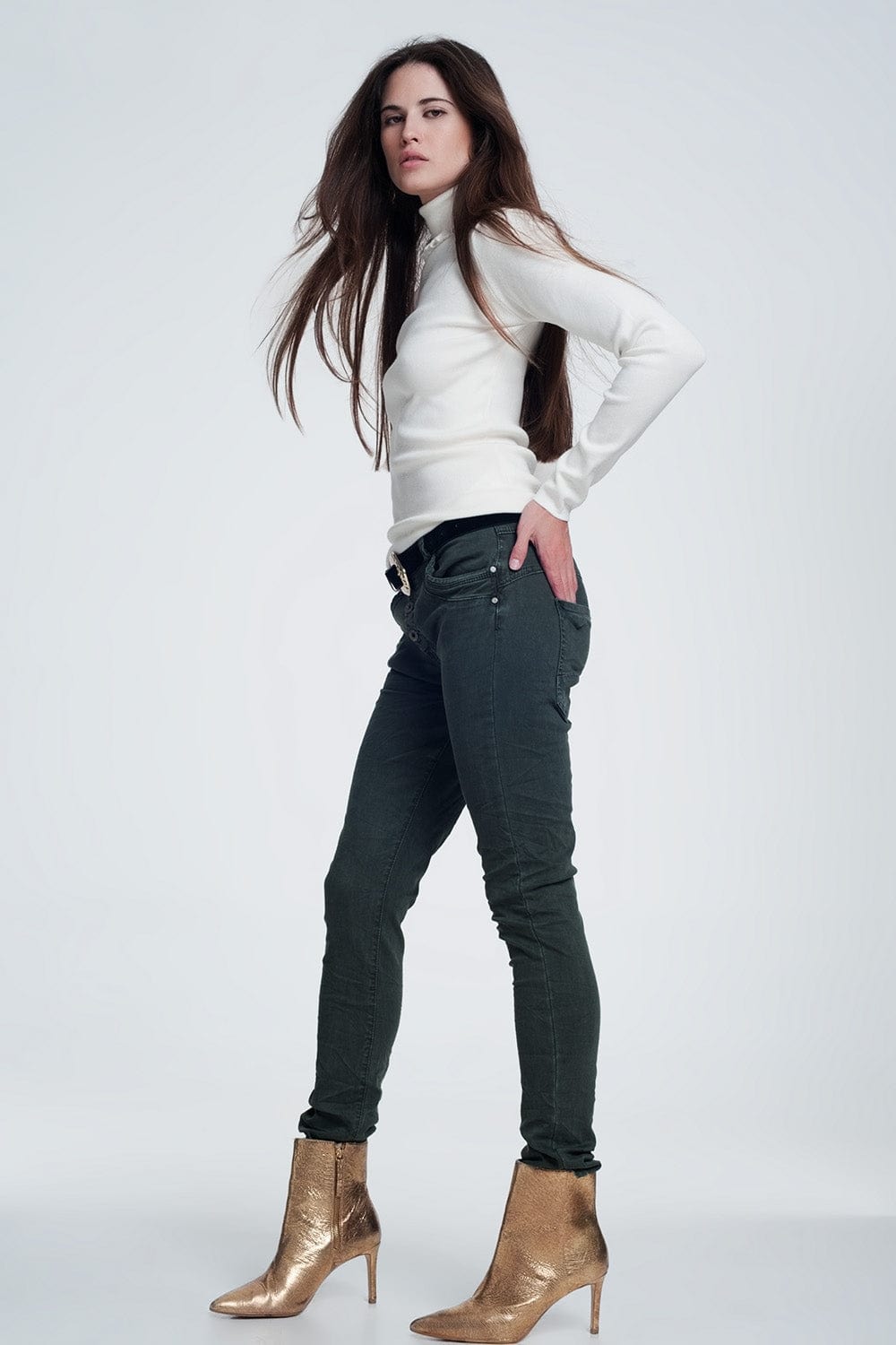 Q2 Women's Jean Khaki Jeans with Button Closure