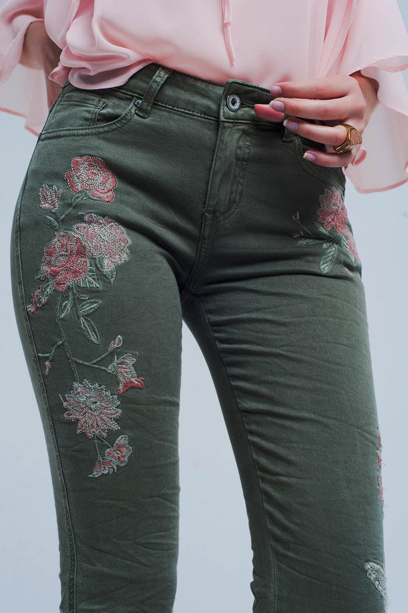 Q2 Women's Jean Khaki Jeans with Embroidered Flower