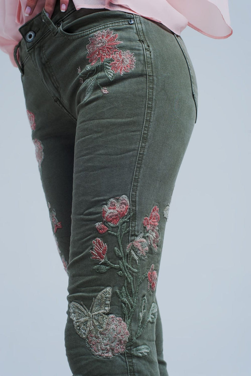 Q2 Women's Jean Khaki Jeans with Embroidered Flower