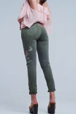 Q2 Women's Jean Khaki Jeans with Embroidered Flower