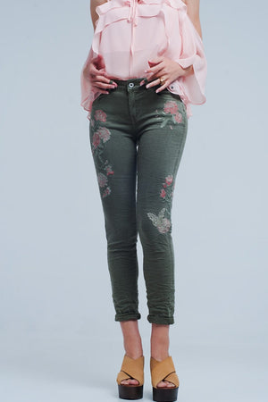 Q2 Women's Jean Khaki Jeans with Embroidered Flower