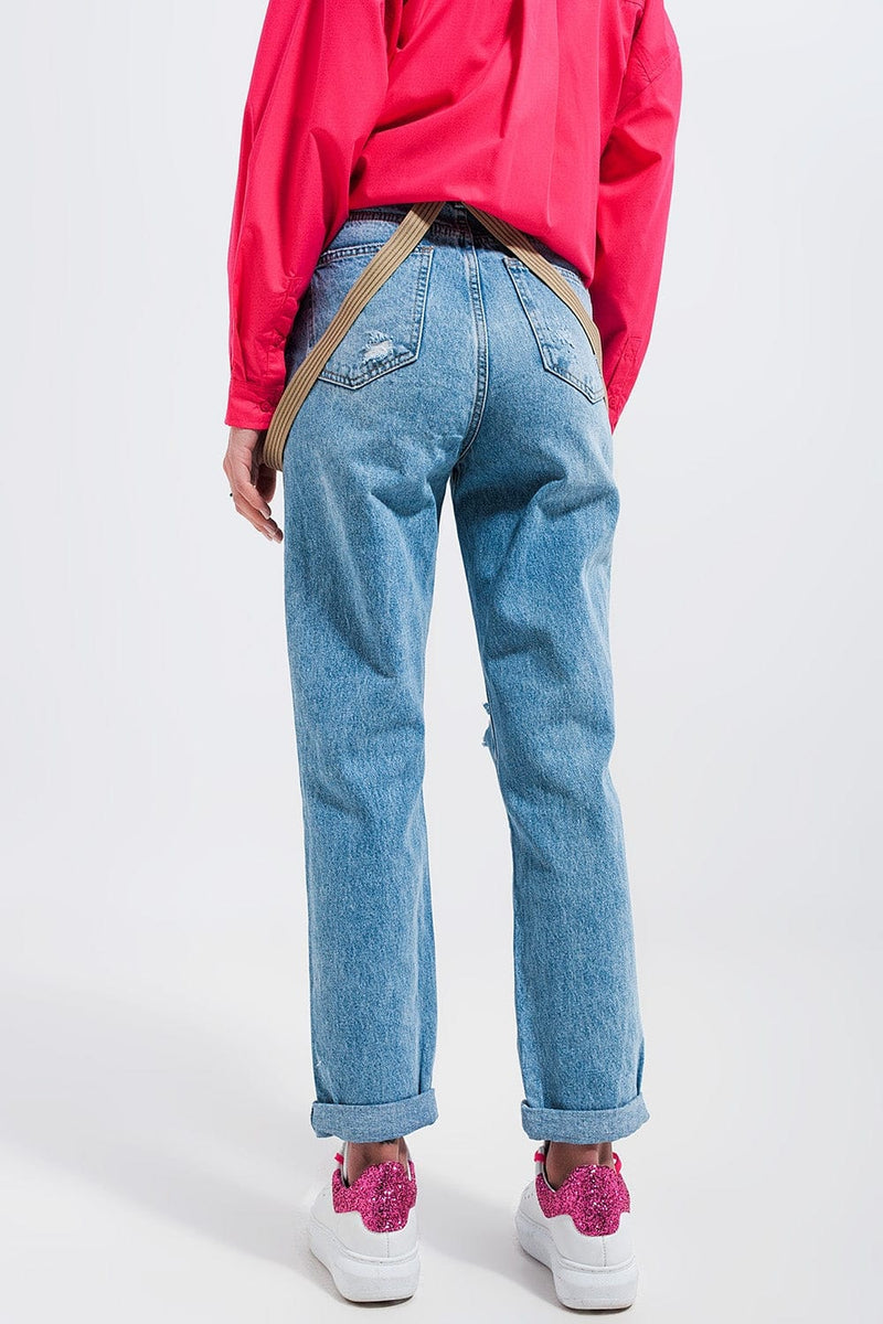 Q2 Women's Jean Knee Rip Jeans in Light Wash Blue