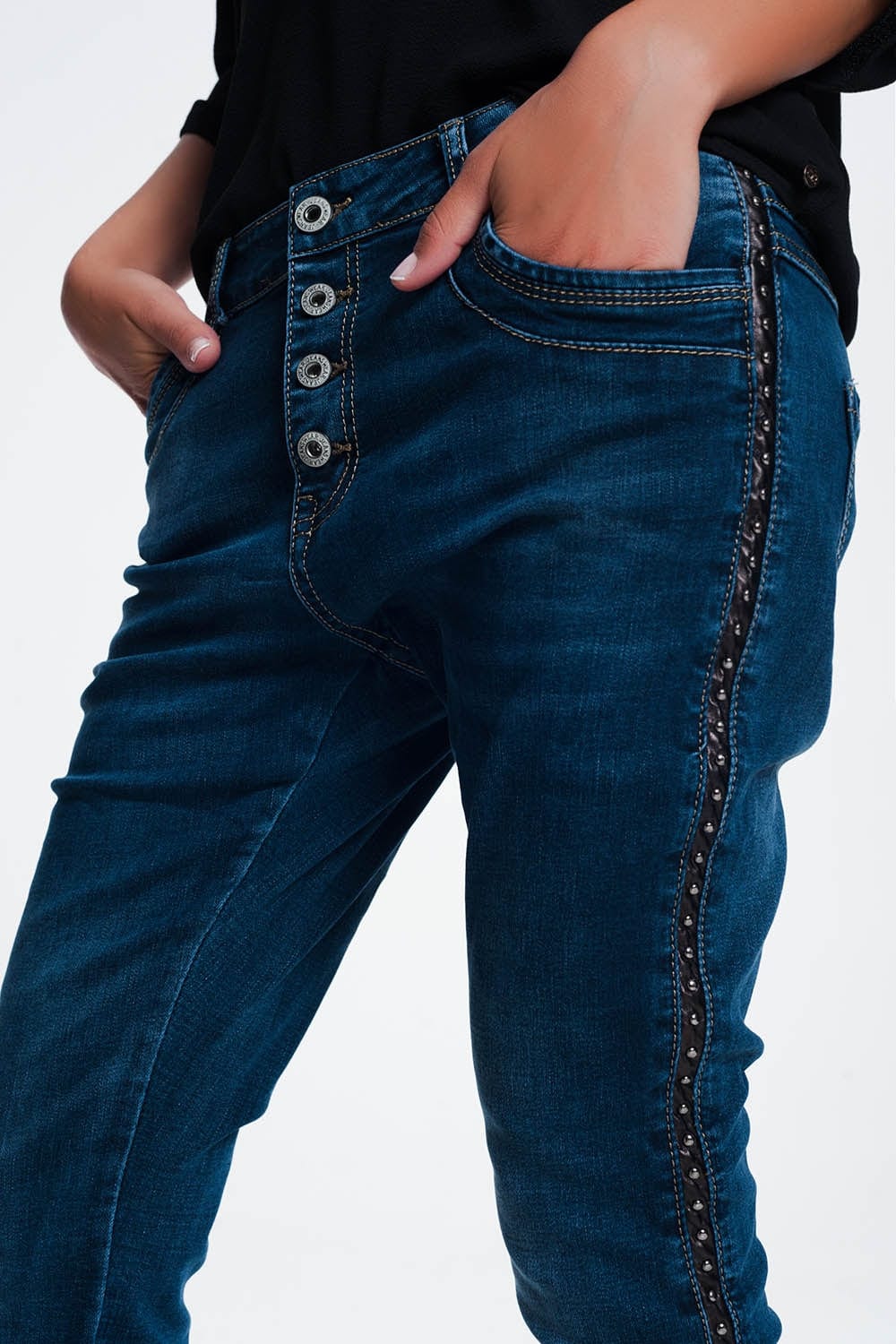 Q2 Women's Jean Leather Look Studded Jeans