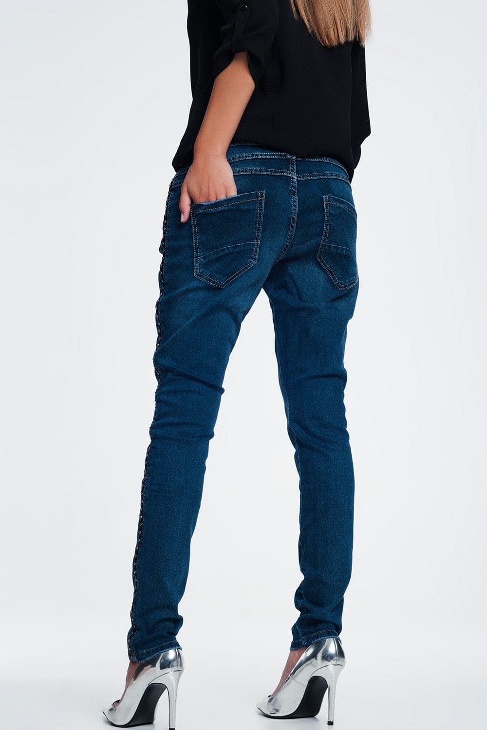 Q2 Women's Jean Leather Look Studded Jeans