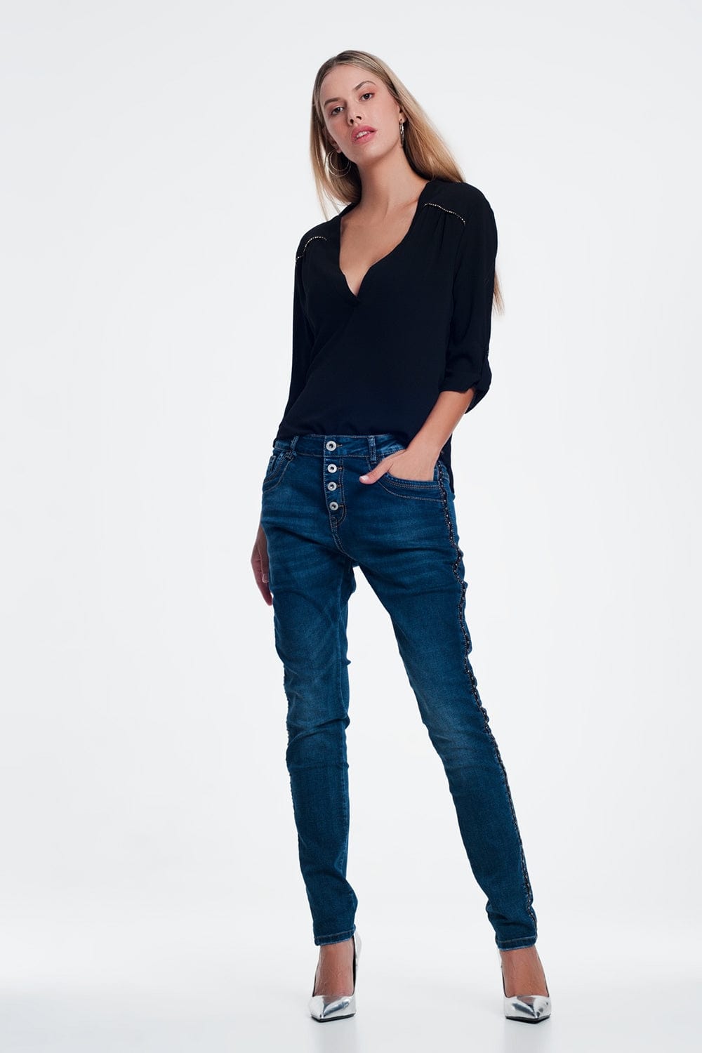 Q2 Women's Jean Leather Look Studded Jeans